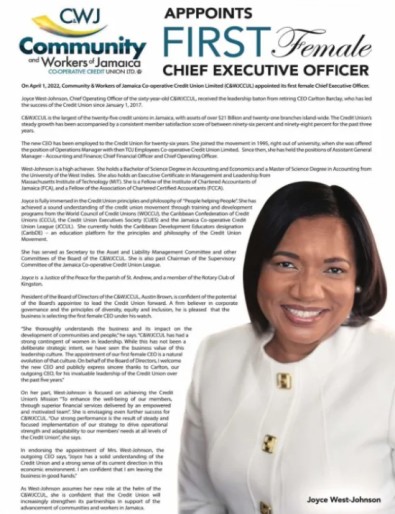 C&WJ Co-operative Credit Union Ltd. Appoints First Female Chief Executive Officer