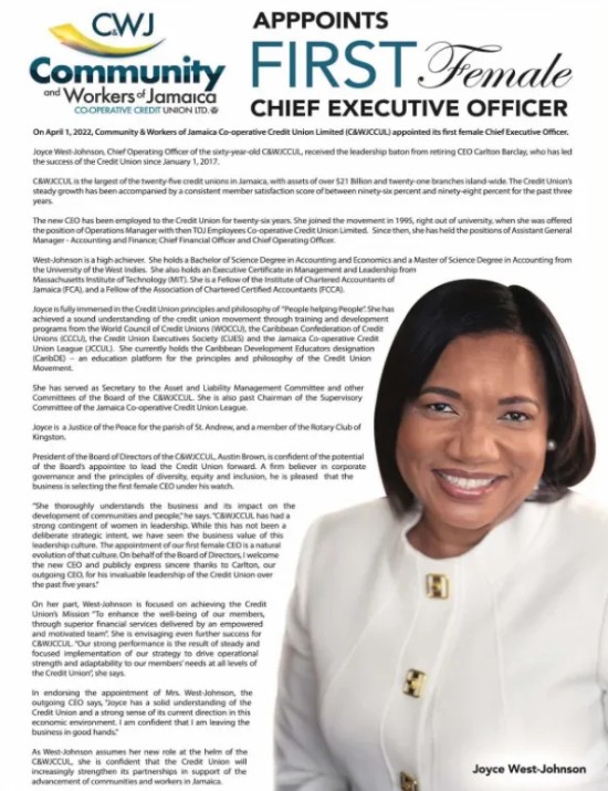 C&WJ Co-operative Credit Union Ltd. Appoints First Female Chief Executive Officer